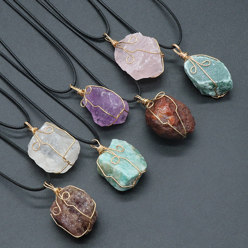 Citrine Rough Stone Winding Pendant White Amethyst Fluorite Aventurine Irregular Stone Necklace