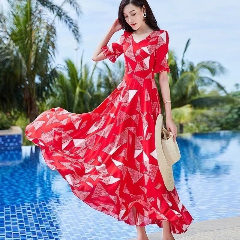 Floral Skirt Big Swing Chiffon Dress Summer Plus Size Below The Knee