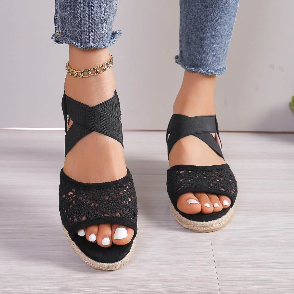 Lace Hollow Sandals Summer Fashion Hemp Wedges Shoes Women