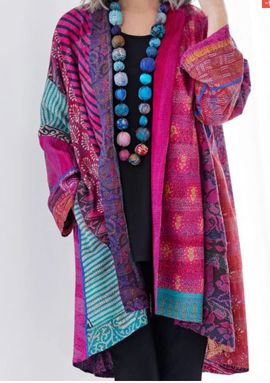 Cotton And Linen Loose Ethnic Style Plus Size Long Sleeve Printed Coat