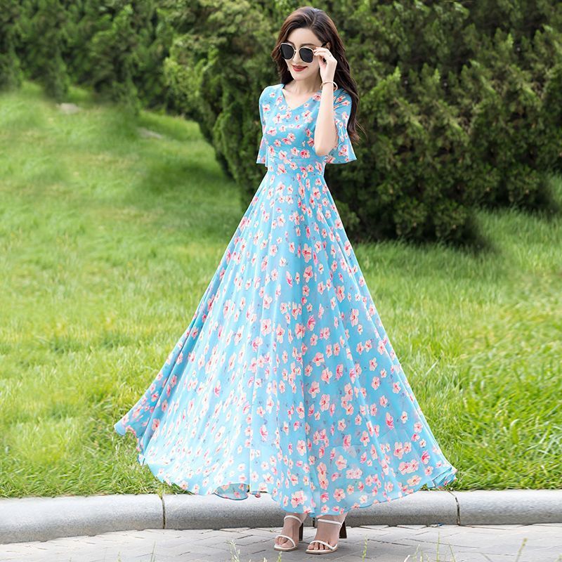 Floral Skirt Big Swing Chiffon Dress Summer Plus Size Below The Knee