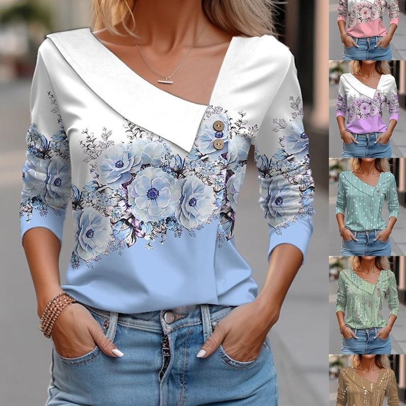 V-neck Long Sleeve T-shirt Floral Print Casual Women's Tops