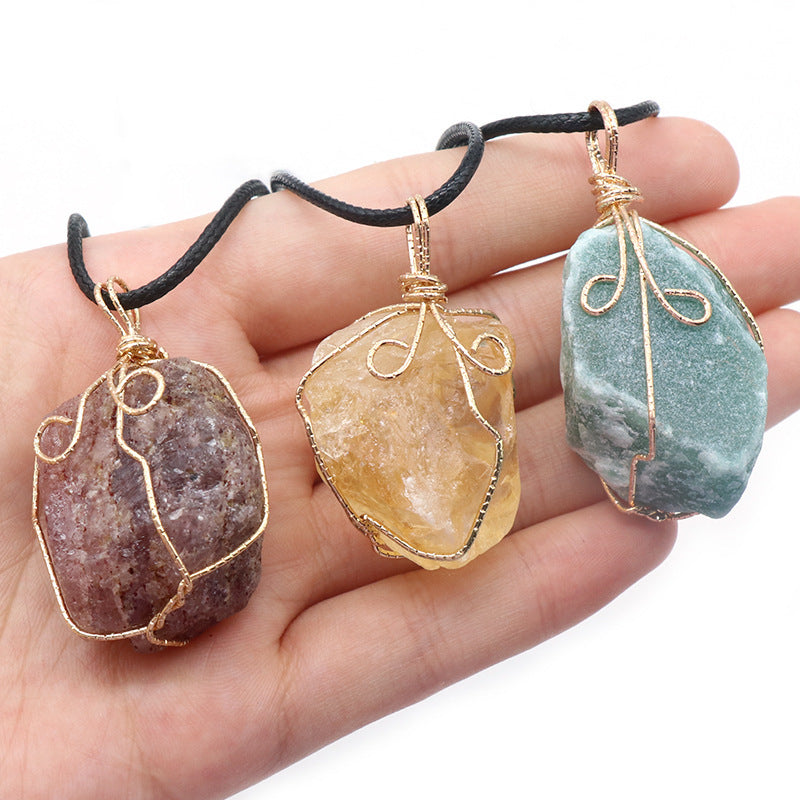 Citrine Rough Stone Winding Pendant White Amethyst Fluorite Aventurine Irregular Stone Necklace