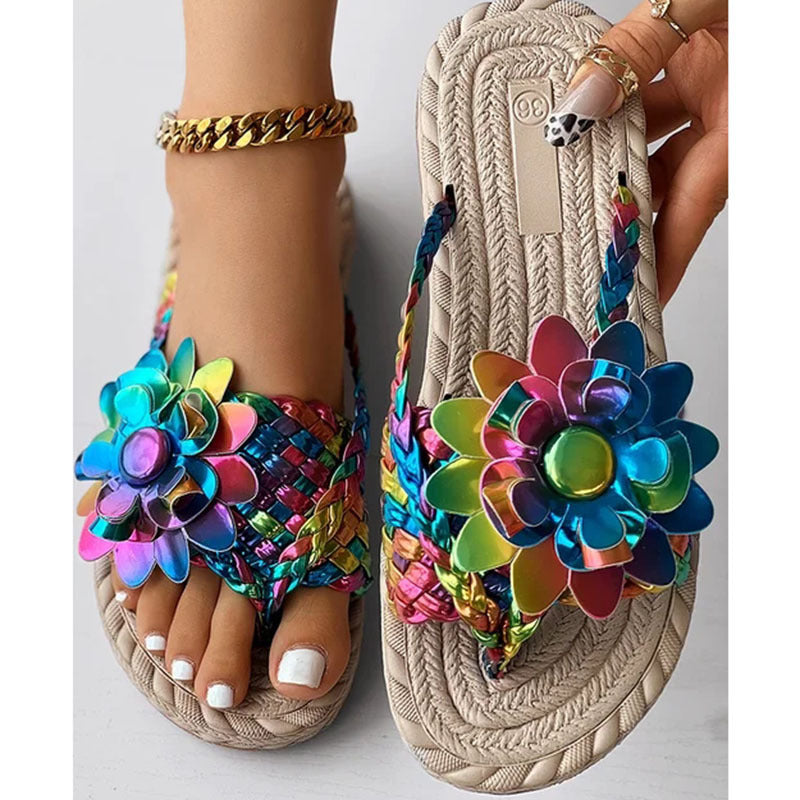 Shose for Women's Fashion Casual Shoes Flat Holiday Woven Printed Beach Flip Flops