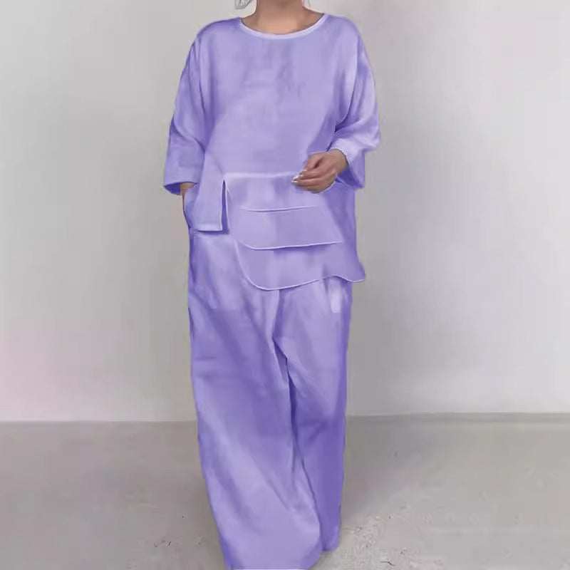 Round Neck Satin Layered Design Blouse Wide Leg Pants Suit