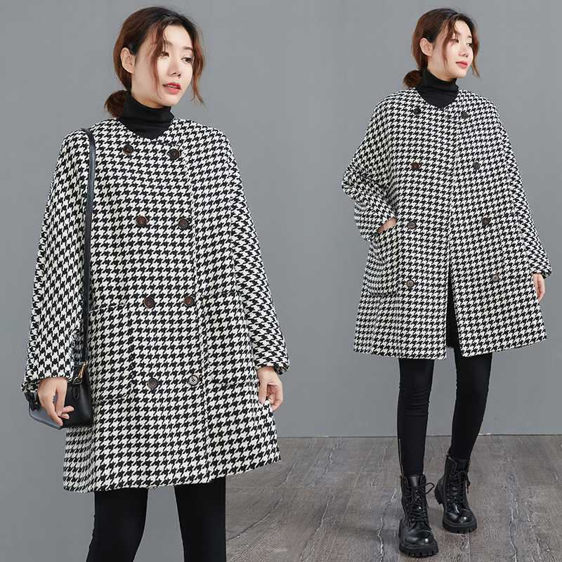 Woolen Plus Size Women's Clothing Houndstooth Coat