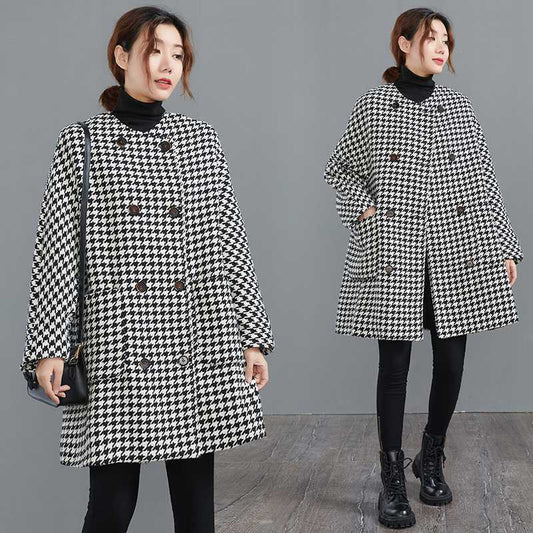 Woolen Plus Size Women's Clothing Houndstooth Coat