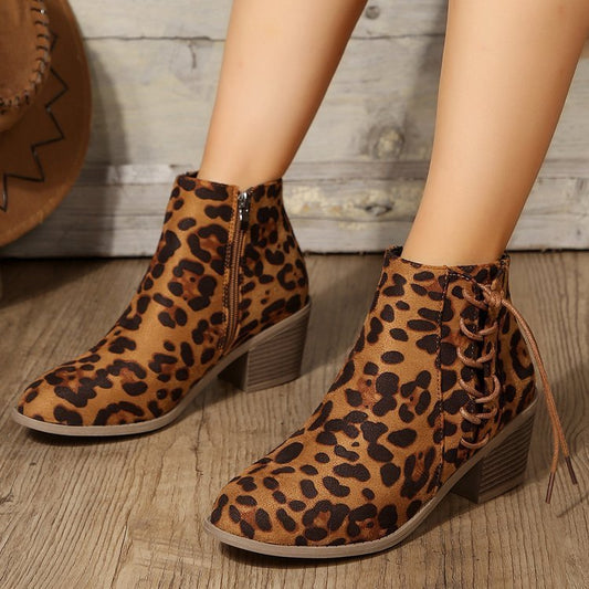 Plus Size Leopard Print Side Strap Fashion Boots