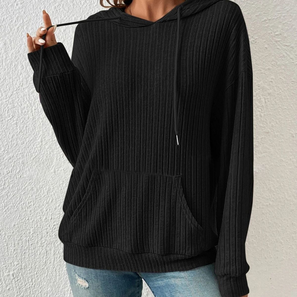 Fashion Drawstring Long-sleeved Hooded Sweatshirt With Pockets Solid Sunken Stripe Hoodie Knitwear Womens Clothing