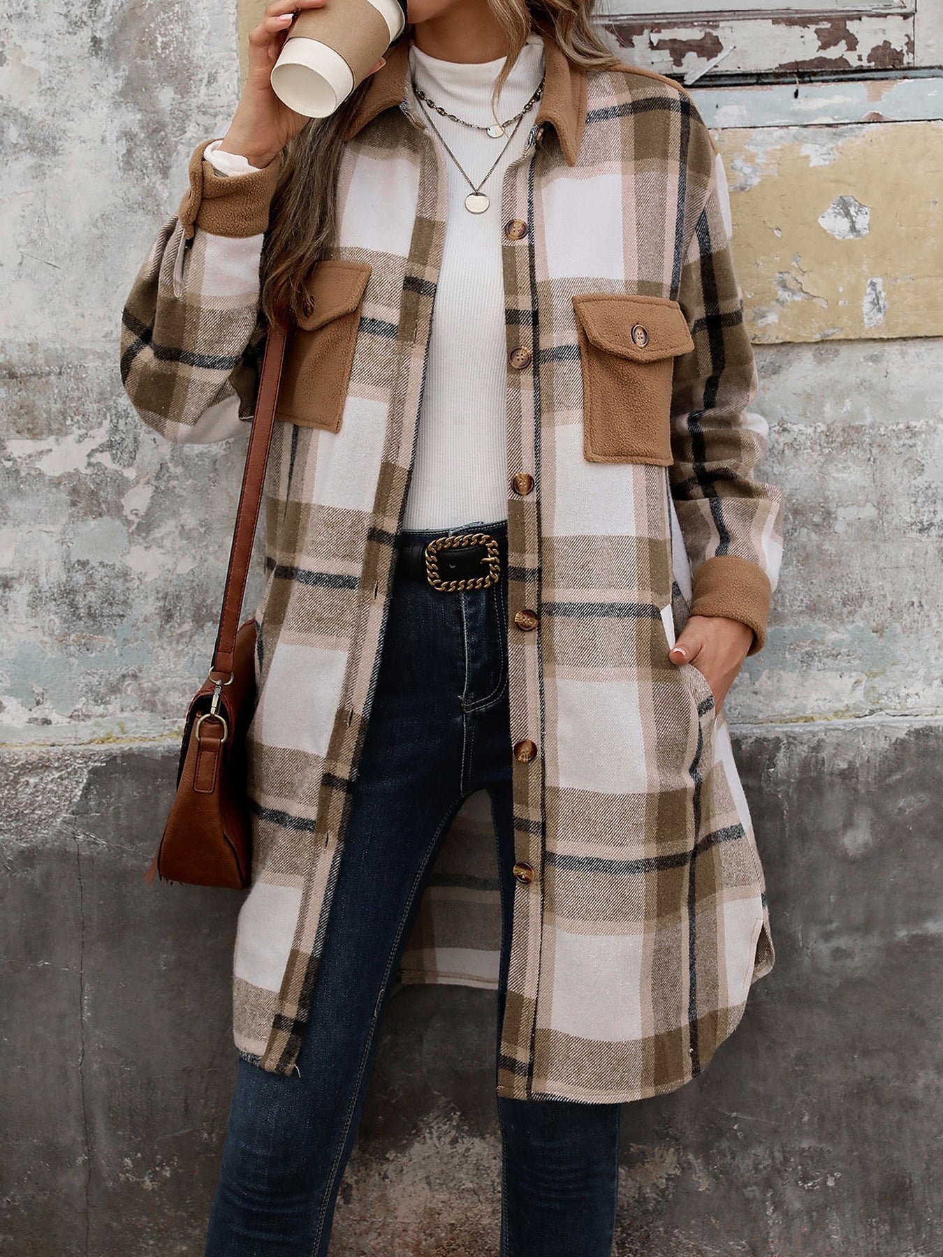 New Brushed Plaid Long Coat With Pockets Fashion Winter Jacket Outwear Women's Clothing