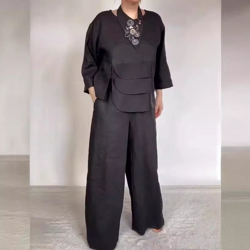 Round Neck Satin Layered Design Blouse Wide Leg Pants Suit