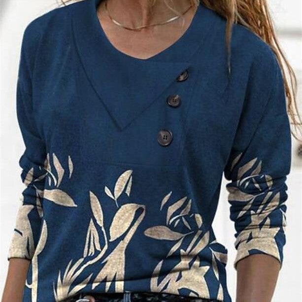 Women's Cross Collar T-shirt Button Fashion Geometry Pattern Printed Long-sleeved Top