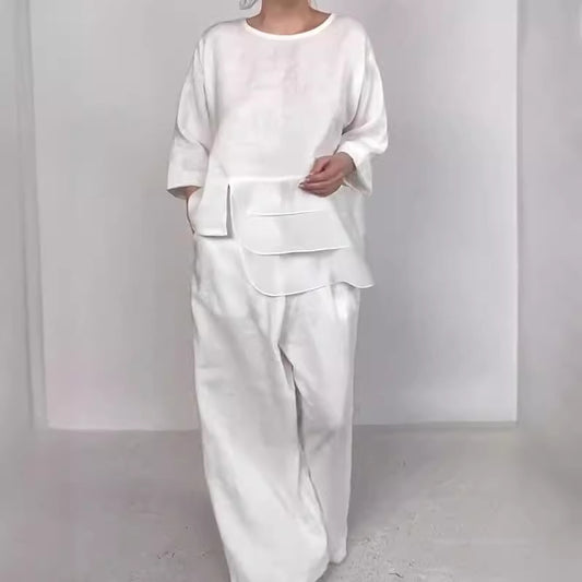 Round Neck Satin Layered Design Blouse Wide Leg Pants Suit