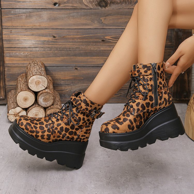 Plus Size Leopard Print Thick Bottom Height-increasing Martain Boots