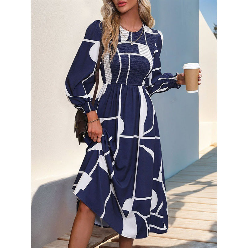 Women's Long-sleeved Printed Dress A- Line Skirt