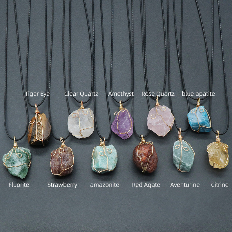 Citrine Rough Stone Winding Pendant White Amethyst Fluorite Aventurine Irregular Stone Necklace