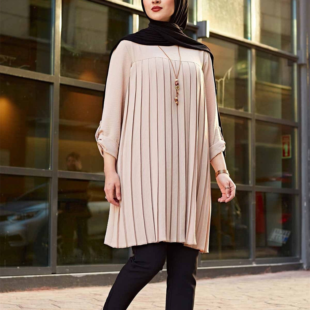 Muslim Women's Wear Casual Pleated Loose Long Sleeve Round Neck Plus Size Top