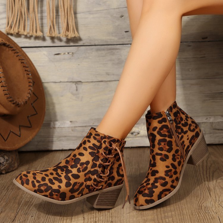 Plus Size Leopard Print Side Strap Fashion Boots