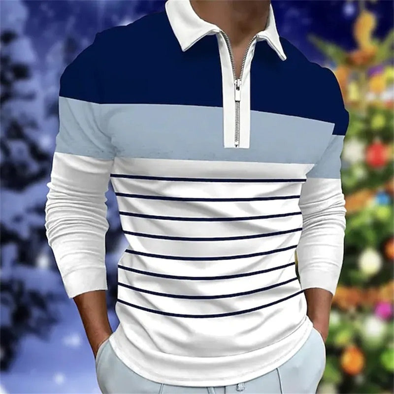 Men's Polo Shirt Long Sleeve Color Matching Zipper T-shirt Top