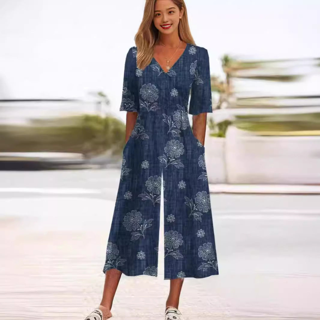 V-neck Printed Trousers One-piece Straight Wide-leg Pants