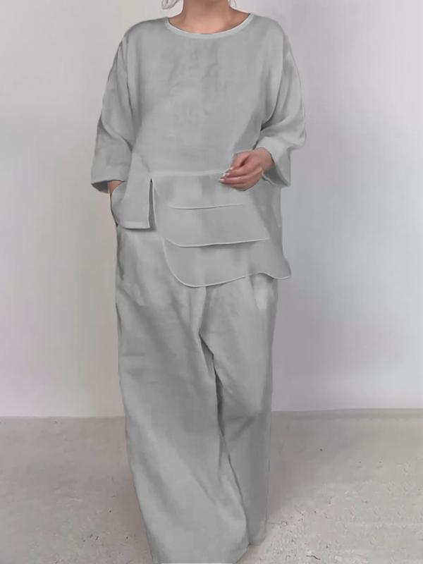 Round Neck Satin Layered Design Blouse Wide Leg Pants Suit