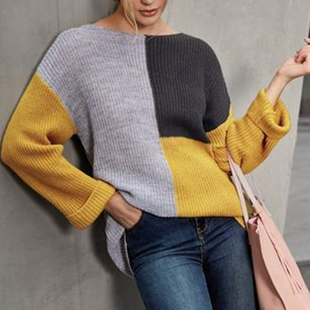 Versatile Loose Fitting Pullover For Outerwear, Color Blocked Knit Sweater For Women's Wear