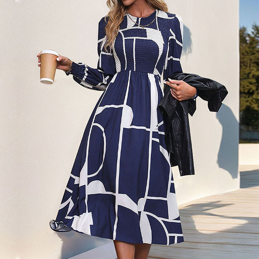 Women's Long-sleeved Printed Dress A- Line Skirt