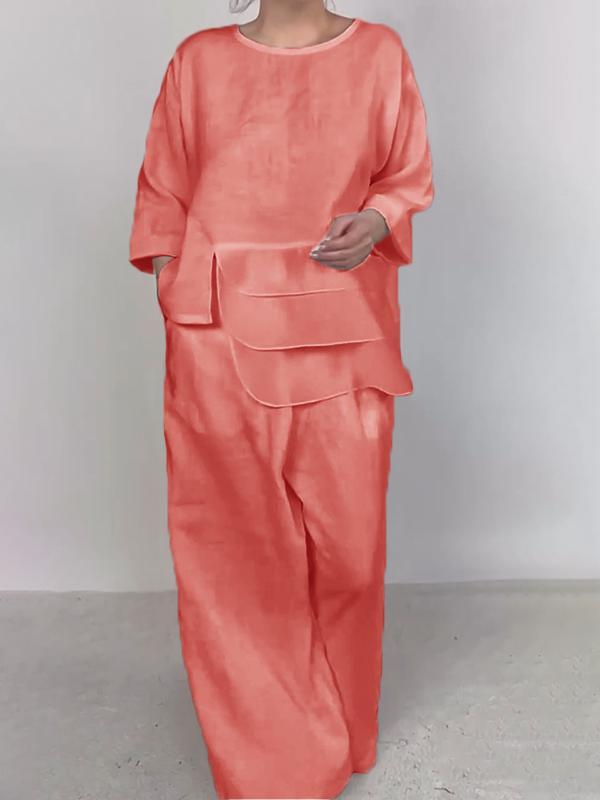 Round Neck Satin Layered Design Blouse Wide Leg Pants Suit