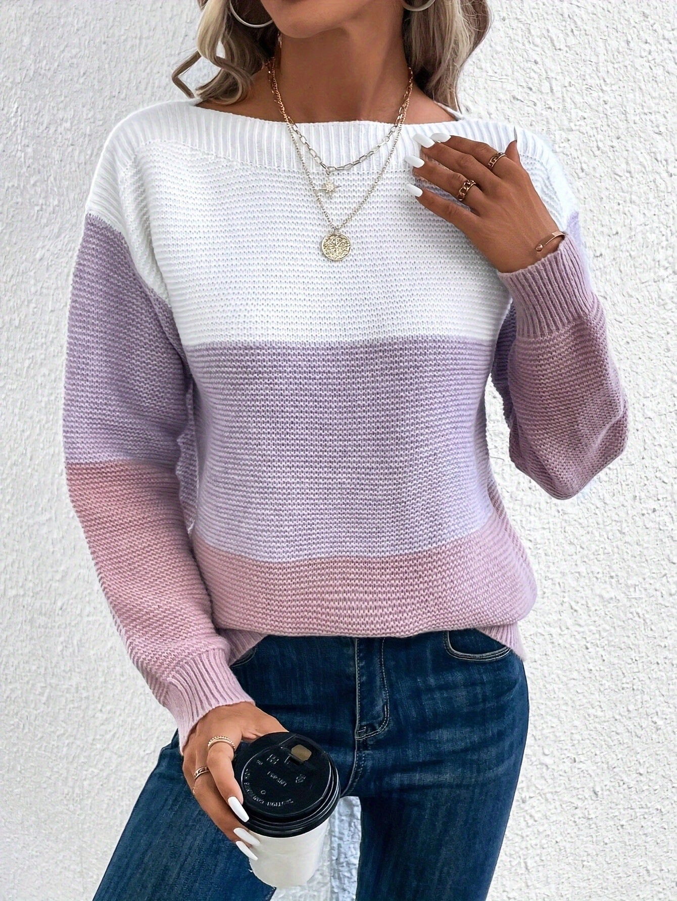 Pullover Knitted Sweater Fashion Round Neck Splicing Knitwear Loose Top Women's Clothing