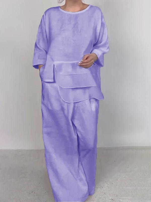 Round Neck Satin Layered Design Blouse Wide Leg Pants Suit