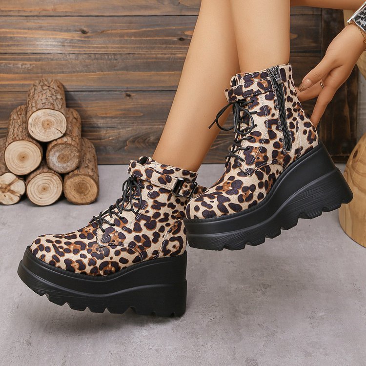 Plus Size Leopard Print Thick Bottom Height-increasing Martain Boots