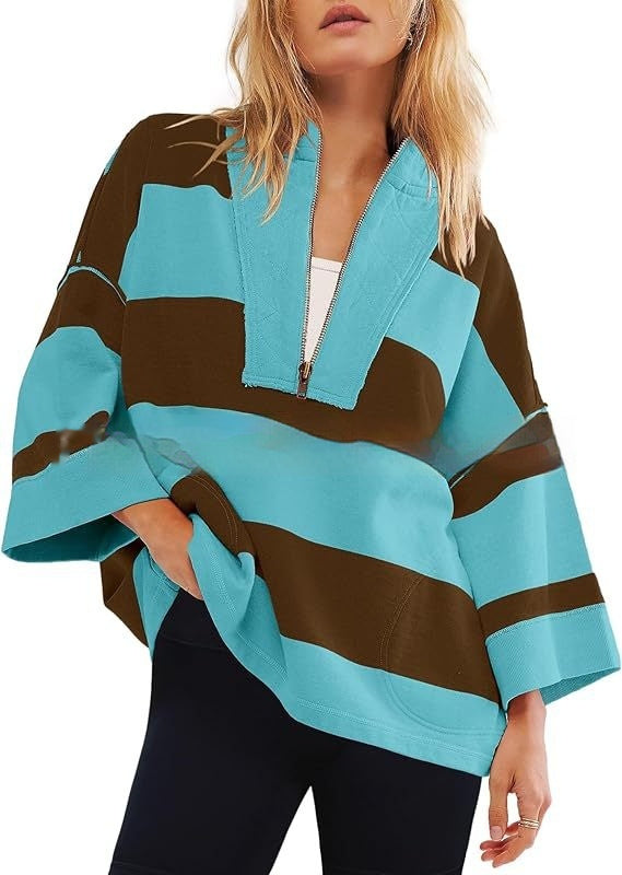 Women's Oversized Striped Shirt Half Zip Sweatshirt Color Matching