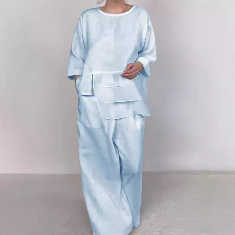 Round Neck Satin Layered Design Blouse Wide Leg Pants Suit