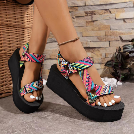 Cloth-cover Women's Shoes Outer Wear Roman Sandals Flat Color-blocking