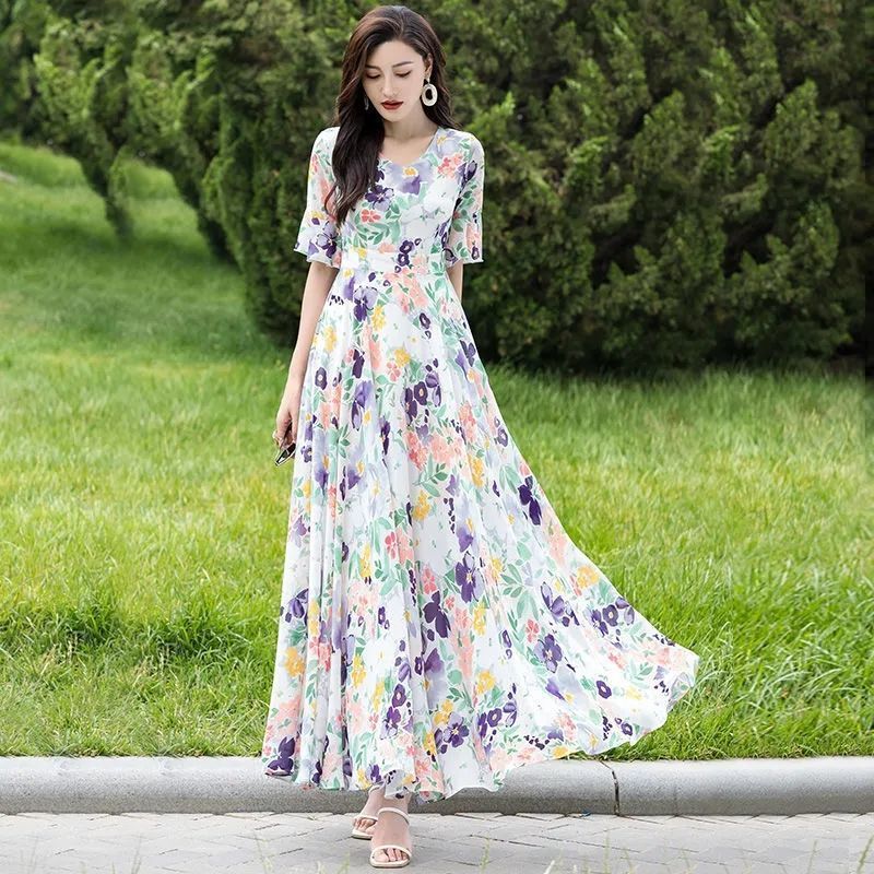 Floral Skirt Big Swing Chiffon Dress Summer Plus Size Below The Knee